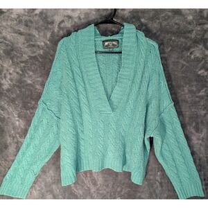 American Eagle Oversized Hooded Knit Cropped Sweater  XL Green VNeck Long Sleeve